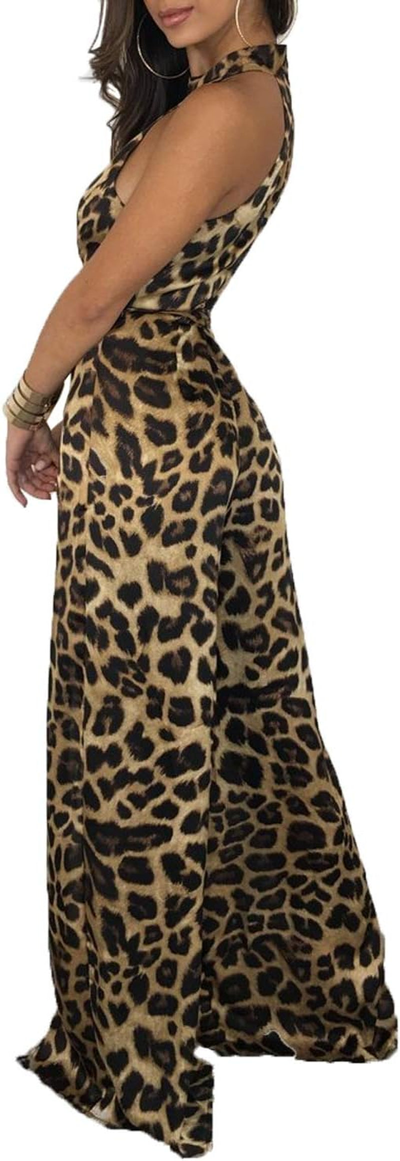 Chic Women's Sleeveless Leopard Print Mock Neck Jumpsuit with Slit and Belt for Stylish Clubwear
