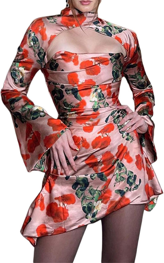 Chic Women’s Criss Cross Halter Y2K Mini Dress with Gloves - Vintage Floral Bodycon for Club Nights