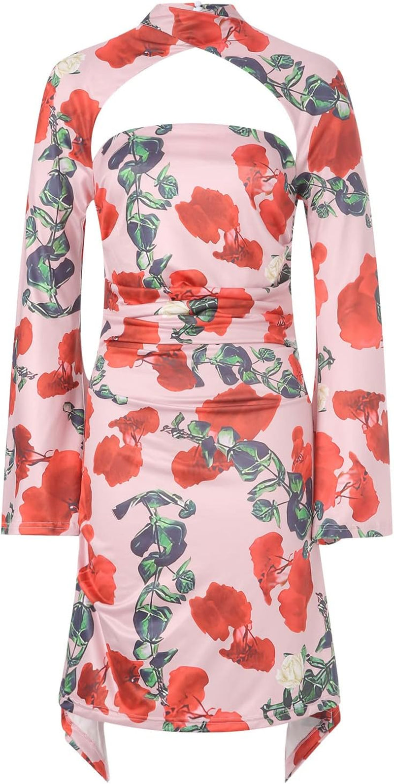 Chic Women’s Criss Cross Halter Y2K Mini Dress with Gloves - Vintage Floral Bodycon for Club Nights