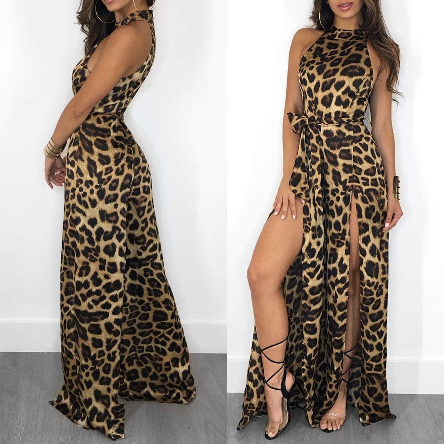 Chic Women's Sleeveless Leopard Print Mock Neck Jumpsuit with Slit and Belt for Stylish Clubwear
