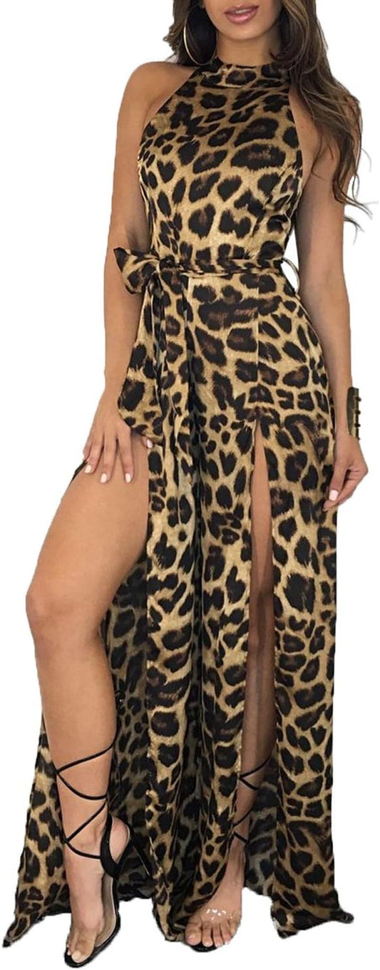 Chic Women's Sleeveless Leopard Print Mock Neck Jumpsuit with Slit and Belt for Stylish Clubwear